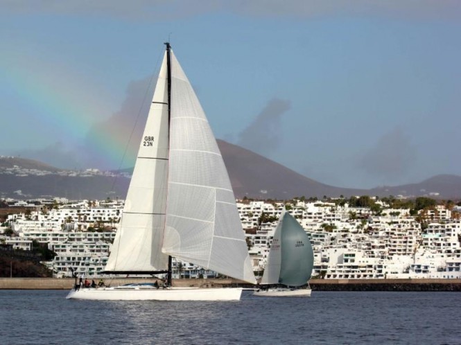 Following the rainbow - Charter yacht Lupa of London, Baltic 78 and Frank Lang's X40, Optim'X at the start of the RORC Transatlantic Race - Image by RORC James Mitchell