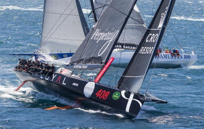 PERPETUAL LOYAL (AUS) leads RAGAMUFFIN 100 (AUS) as the 100ft Maxi battle begins - Photo by Rolex Carlo Borlenghi