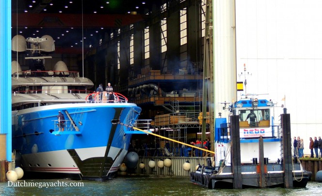 99m Feadship mega yacht MADAME GU leaving her shed - Photo by Dutchmegayachts