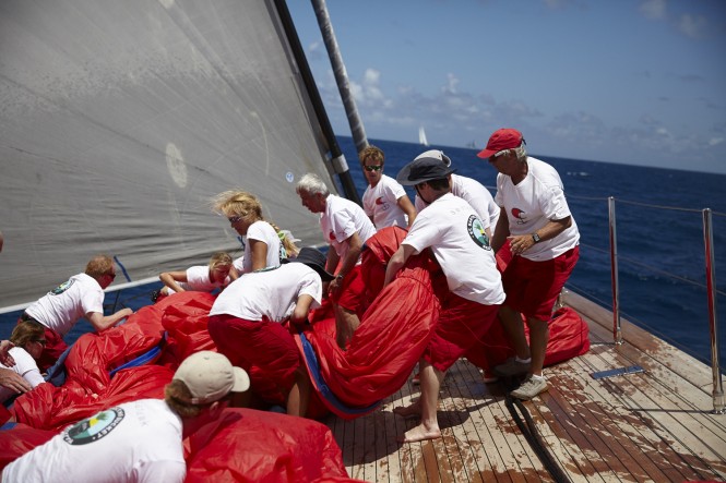 Crew aboard Perini Navi mega yacht SEAHAWK during the St. Barths Bucket Regatta
