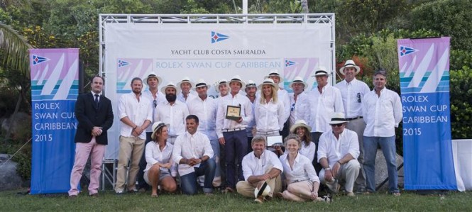 Crew of Swan 80 SELENE (CAY) at the final prizegiving. Class A winner at 2015 Rolex Swan Cup Caribbean - Photo by Rolex Carlo Borlenghi