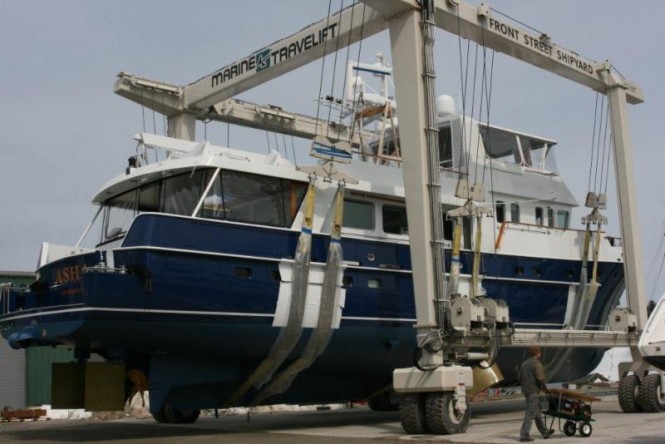 90' Palmer Johnson Yacht ASHA under refit at Front Street Shipyard