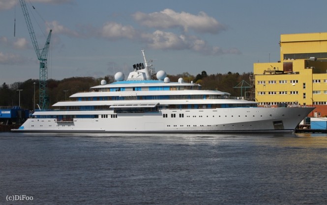 125m Lurssen Mega Yacht GOLDEN ODYSSEY (Project Tatiana) at the Lurssen shipyard in Germany on April 18, 2015 - Photo credit to DiFoo