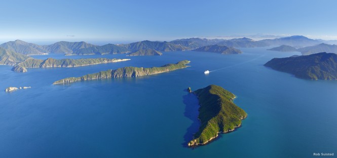 Cruise ship in Marlborough Sounds, New Zealand. Leaving entrance