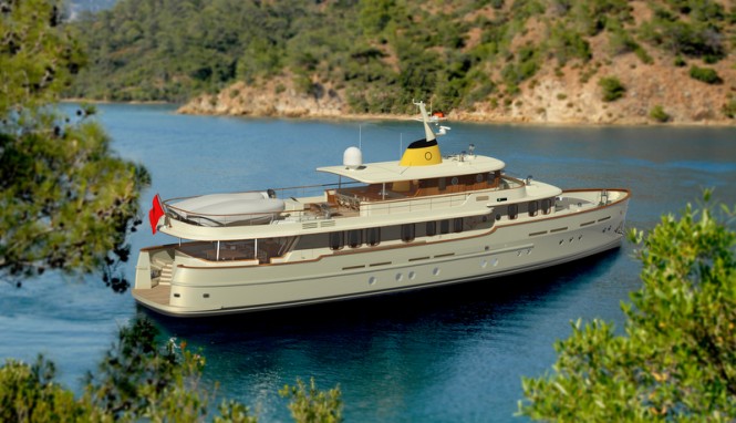 Rendering of the new 36m Classic Yacht CMY 36 by Taka Yacht Design in a beautiful Gocek cove