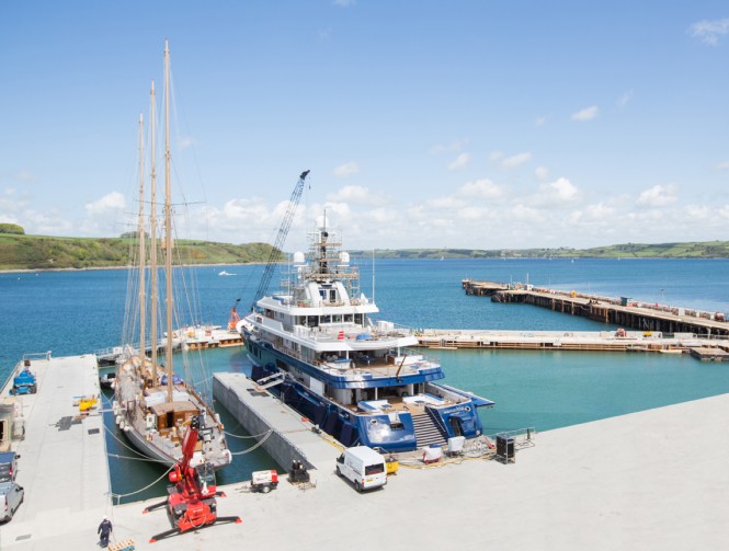 Luxury yachts Adix and Northern Star in wet basin