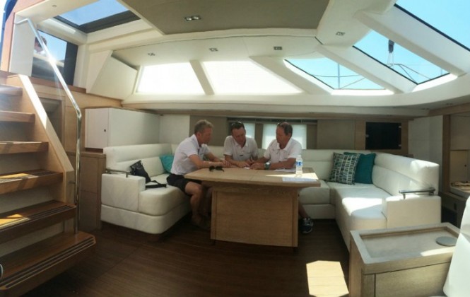 Members of the Afterguard toughing out the race conditions on board Oyster 825 Yacht Maegan