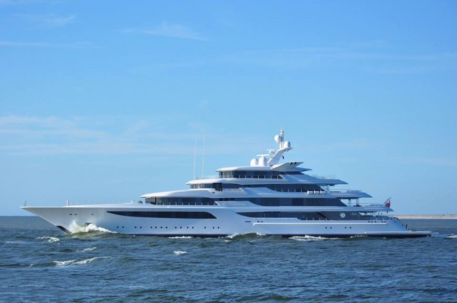 Feadship motor yacht Royal Romance (hull 1005) passing IJmuiden South Pier Head, July 21, 2015 - Photo by Jan Ramaker and Feadship Fanclub