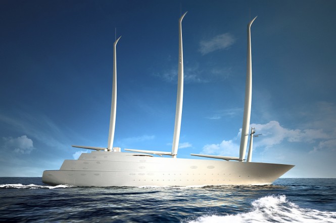 Rendering of the impressive 142m sailing mega yacht A – Image credit to Pascal Deis Starck Network