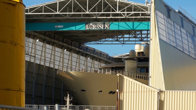 156m Lurssen mega yacht OMAR in her floating dock - Photo by DrDuu