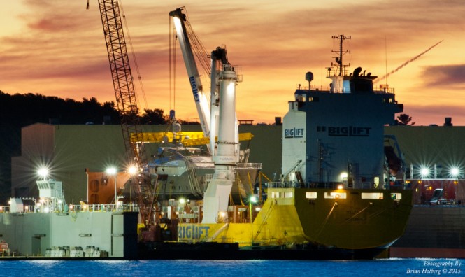 Third PJ170 superyacht by Palmer Johnson being loaded onto a heavy-lift transport vessel - Photo credit to Brian Holberg