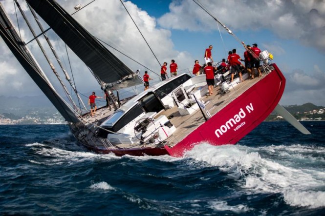 Jean-Paul Riviere's French Finot Conq 100 Nomad IV approaching the finish line in Grenada of the RORC Transatlantic Race (RORC Arthur Daniel)