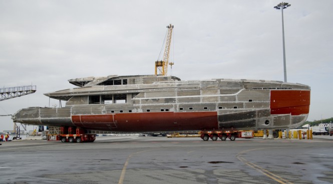 Tankoa S501 being moved from Marina di Carrara to the completion shed at Tankoa Yachts in Genoa, Italy