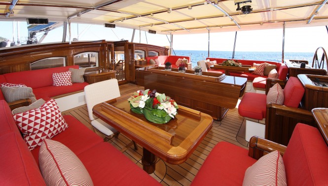 The dining area and outdoor living space aboard regatta-winning S/Y MARIE