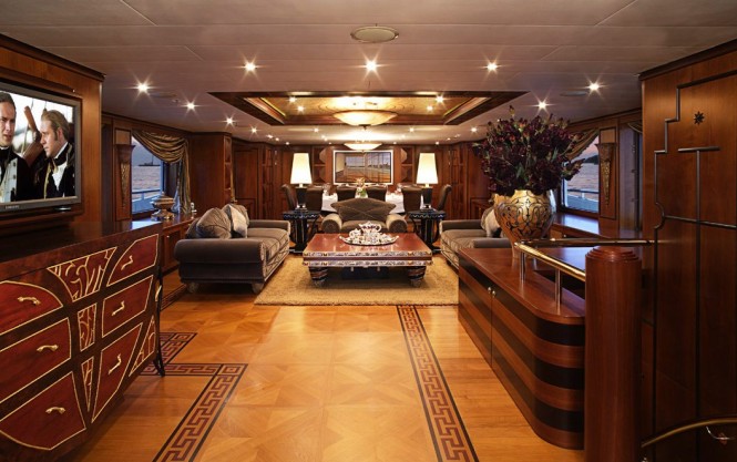 Entrance to main salon and dining area aboard motor yacht DENIKI