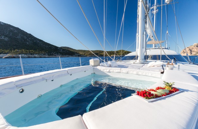 The tender garage converts into a freshwater Jacuzzi aboard sailing yacht Q