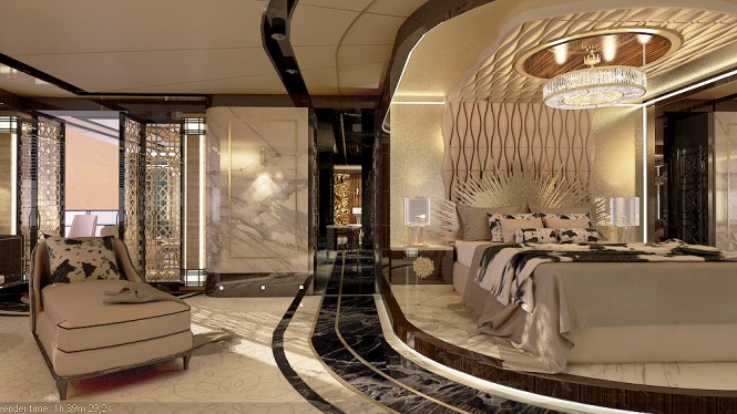 Beautiful Owners Suite with luxurious materials and furnishings - ERA superyacht by Ricky Smith Designs