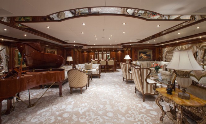 Classically styled main saloon with grand piano aboard MARTHA ANN