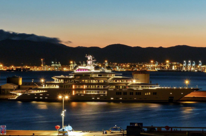 Lurssen Mega Yacht Amadea at night. Port Gibraltar. Photo credit @superyachts_gibraltar