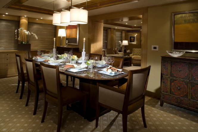 Motor yacht WILDFLOUR - Formal dining area. Image credit - Kristina Strobel