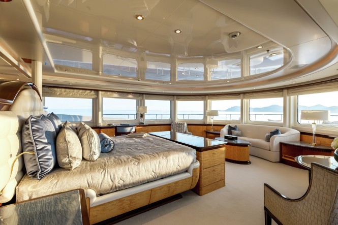 The recently refitted Master suite aboard luxury yacht LUCKY LADY
