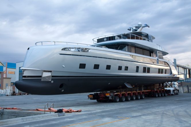 Motor yacht GTT 115 preparing for launch at the Dynamiq Yachts shipyard