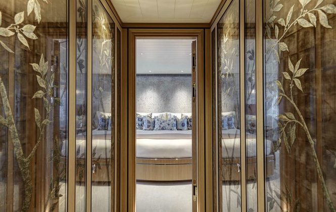 The glasswork detail in one of the guest cabins aboard luxury yacht JOY