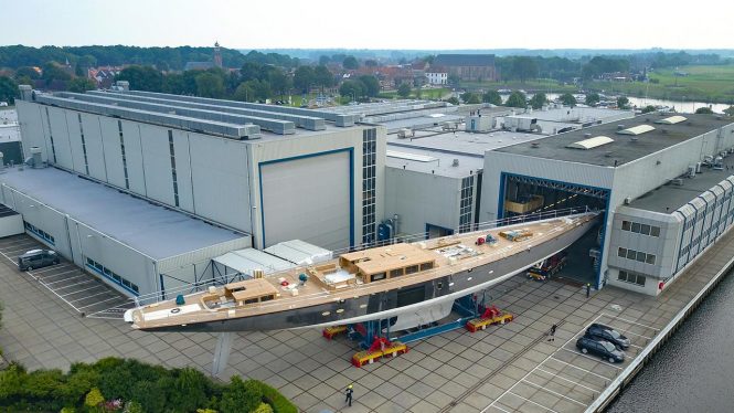 Luxury ketch RH399 leaving the shed at the Royal Huisman shipyard