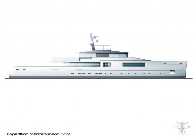 Profile of the 50m explorer yacht concept from Phillippe Briand of Vitruvius Yachts