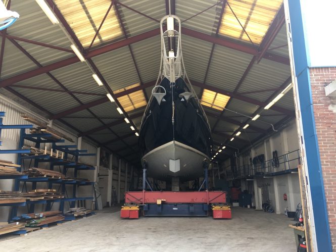 Sailing yacht REESLE entering the refit shed at Claasen Shipyards