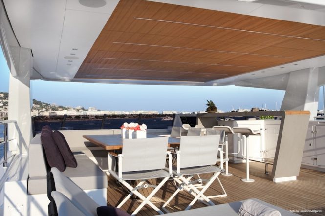 Sundeck seating and breakfast bar aboard luxury yacht NARVALO