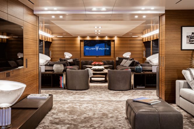 Superyacht SILVER FAST - Main salon and media room. Photo credit Silver Yachts