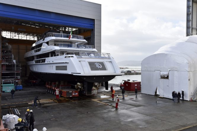 Sanlorenzo 52Steel exiting shed for the first time - Credit Sanlorenzo