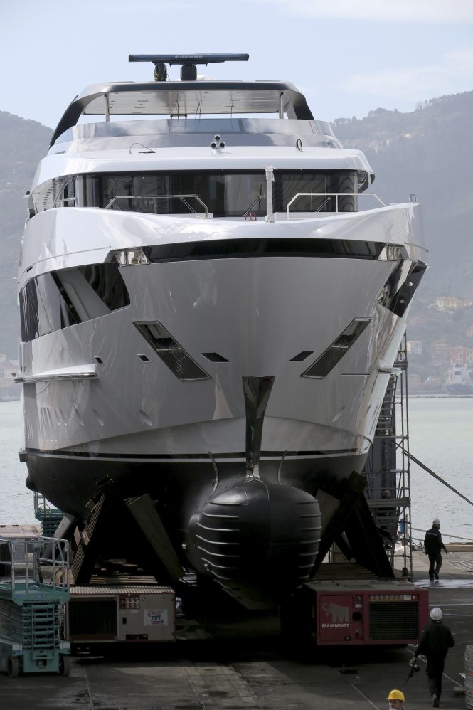 Sanlorenzo 52Steel exiting shed for the first time - Credit Sanlorenzo.