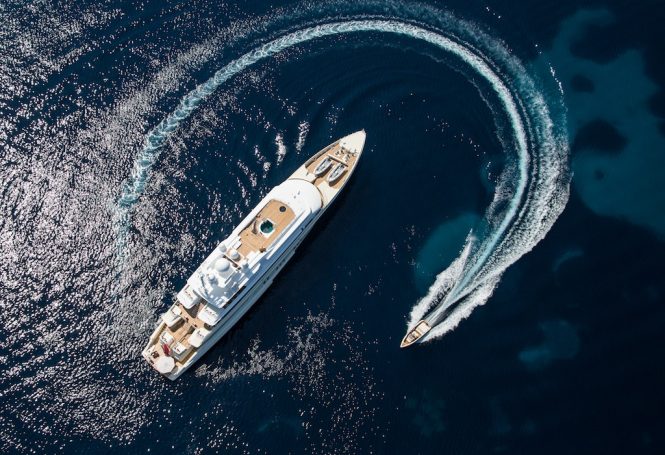Aerial view of the yacht with a tender