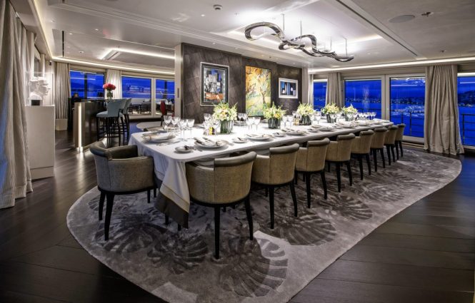 Formal dining area aboard mega yacht ELANDESS