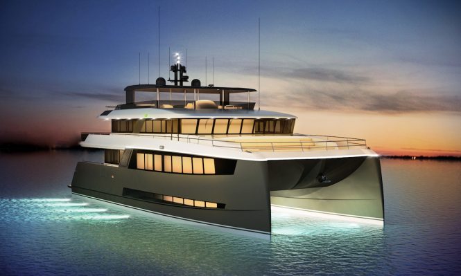 H2OME catamaran yacht by Amasea Yachts rendering by night