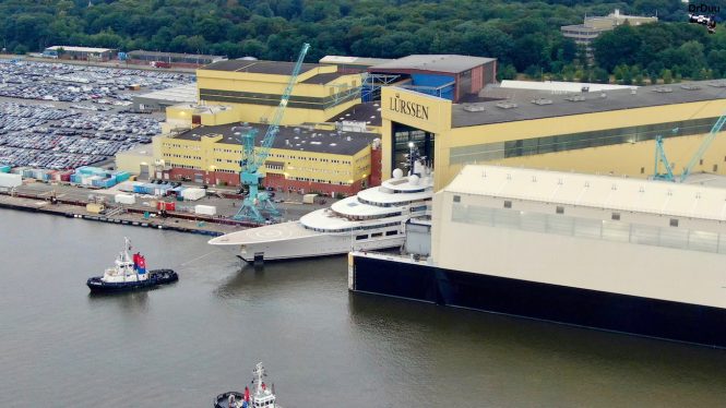 Luxury mega yacht Project Lightning leaving shed - Photo credit DrDuu