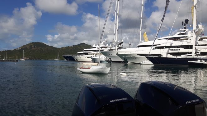 View of the Antigua Yacht Show from aboard Iguana tender - Photo © Sally Gardner Cochran/CharterWorld.com