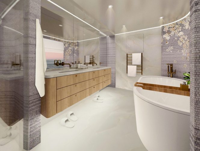 Sky Deck-Ensuite for private superyacht refit designed by Keeley Green Interior Design