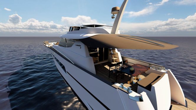 Aft deck with bimini and swim platform