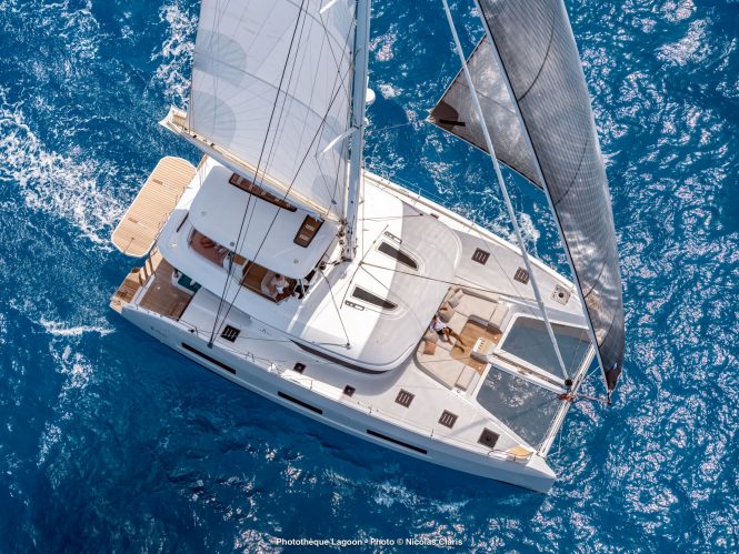 Aerial view of the catamaran yacht