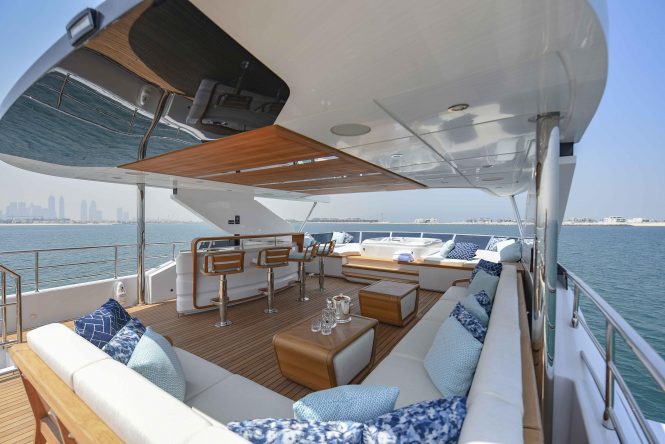 Covered seating on the Sun Deck