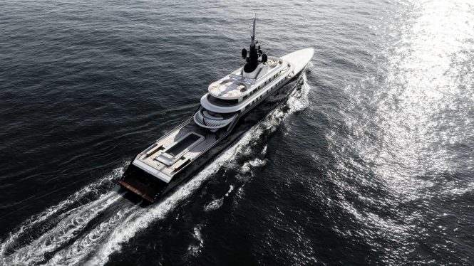 Mega yacht LIVA  stern view with 12m swimming pool | Credit -  Tom van Oossanen