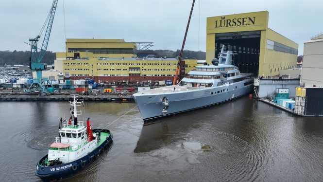 Lurssen mega yacht ALIBABA leaving shed in Germany