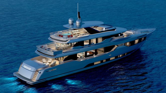 Rendering of Superyacht ORION ONE - Red Yacht Design and Orion Yachts