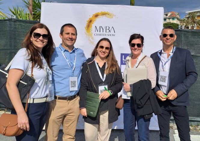 MYBA 2025 - From left: Eva Belanyiova, Nicolas Benazeth of CharterWorld, Ivana Kralic Poljak of Otium Yachts, Trina Howes and Colin Srivastava of CharterWorld