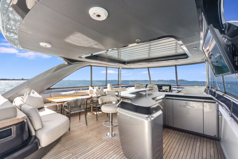 Flybridge view forward to helm station