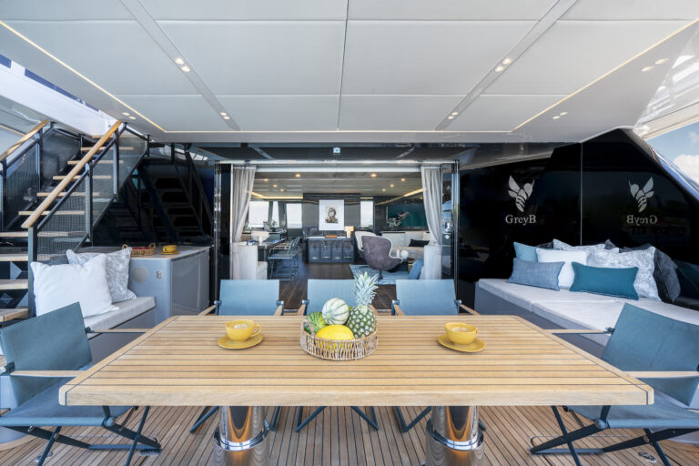 Aft deck dining views forward into the salon