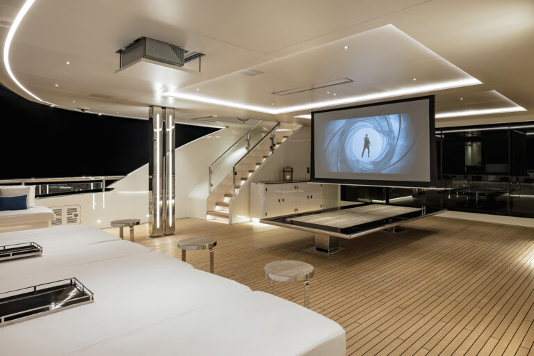 Outdoor movies on the bridge deck aft